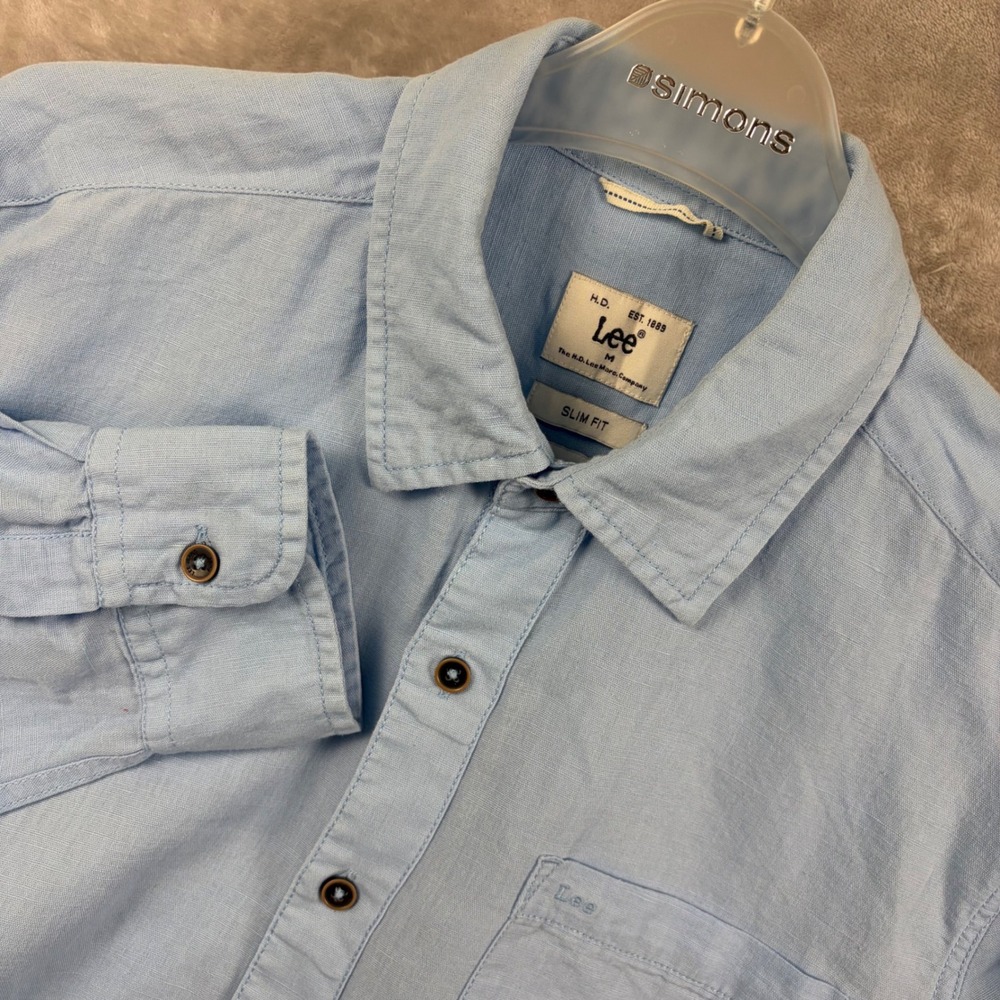 Lee Mens Slim Fit Linen Blend Long Sleeve Button Up Shirt Blue Size M Coastal